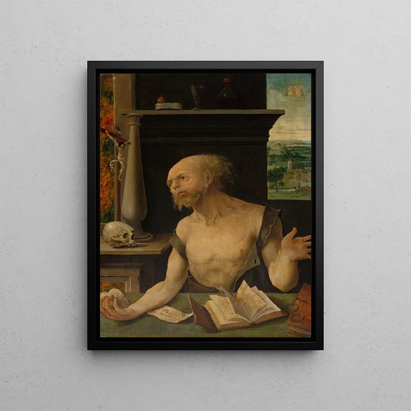 Saint Jerome in Penitence - Master of the Adoration of Lille — framed artwork on a wall