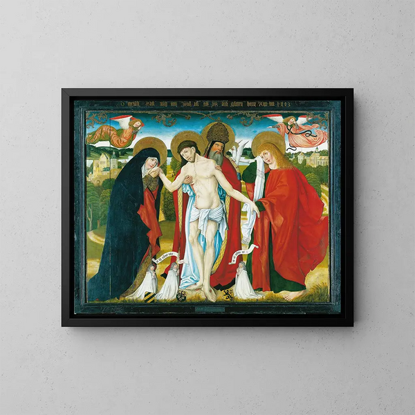 The Holy Trinity with the Virgin Mary and Saint John the Evangelist - Master of the Altar Wendelin — framed artwork on a wall