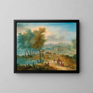a vast landscape with travelers - Mathys Schoevaerdts — framed artwork on a wall