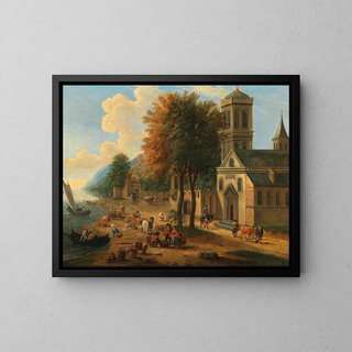 Coastal landscape painting with fishermen unloading their catch - Mathys Schoevaerdts — framed artwork on a wall