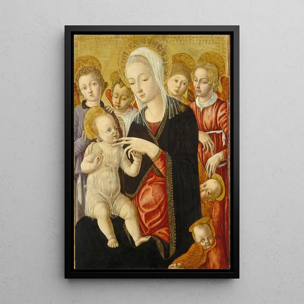 Madonna and Child with angels and cherubs - Matteo di Giovanni — framed artwork on a wall