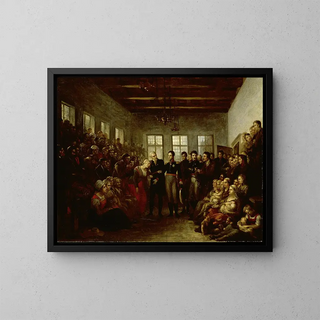 The Prince of Orange visiting flood victims at the orphanage of the chaplains of Amsterdam on February 14, 1825 - Mattheus Ignatius van Bree — framed artwork on a wall