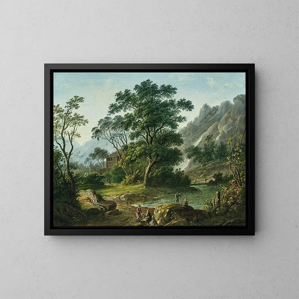 Voyageurs se reposant près d'un lac de montagne - Matthias Rudolf Toma — framed artwork on a wall