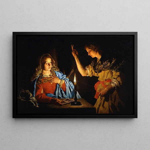 Annunciation - Matthias Stom — framed artwork on a wall