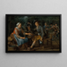 a woman offering an onion and a herring to a young man holding a beer glass, others smoking and playing skittles behind them - Matthijs Naiveu — framed artwork on a wall