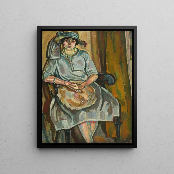a seated woman with a large hat - Maurice Albert Loutreuil — framed artwork on a wall