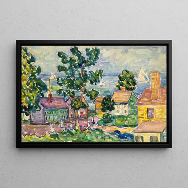 Coastal Village Painting of New England - Maurice Prendergast — framed artwork on a wall