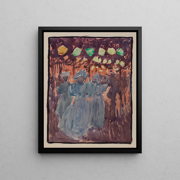 Night scene with three women in blue - Maurice Prendergast — framed artwork on a wall
