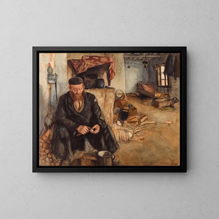 an interior with a man peeling potatoes - Maurycy Minkowski — framed artwork on a wall