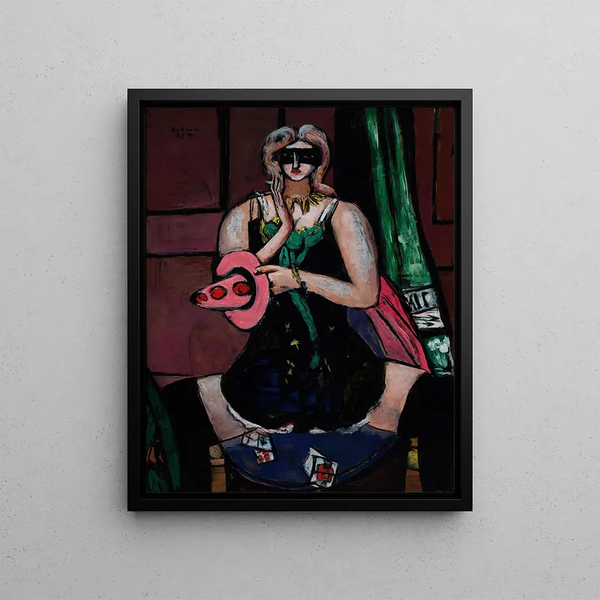 Masque de carnaval Colombine verte violette et rose - Max Beckmann — framed artwork on a wall