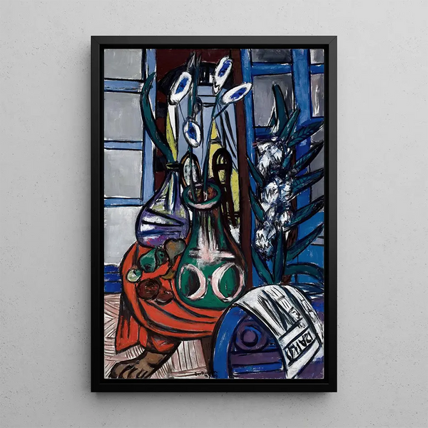 Large Blue Interior Still Life Painting - Max Beckmann — framed artwork on a wall