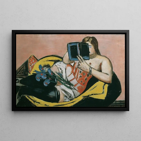 a reclining woman with a book and iris - Max Beckmann — framed artwork on a wall