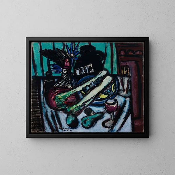 Still life with Chianti bottle and celery - Max Beckmann — framed artwork on a wall