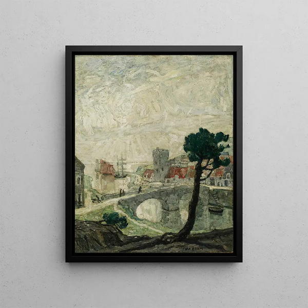 Old maritime harbor painting - Max Bohm — framed artwork on a wall