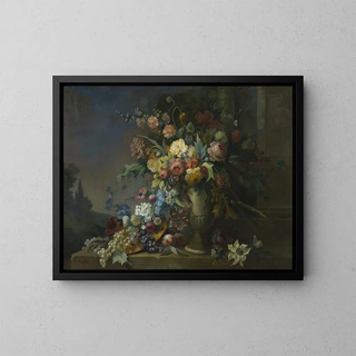 Nature morte avec des fleurs et des fruits - Max Carlier — framed artwork on a wall
