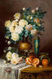 White roses, oranges, and a porcelain urn on a draped table - Max Carlier — artwork view