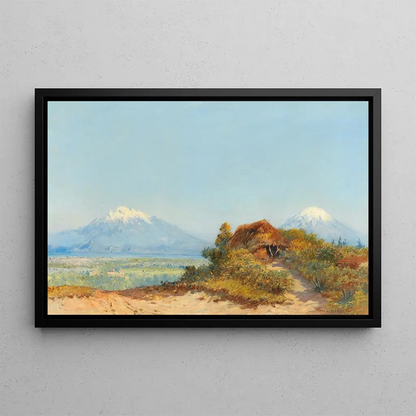 Landscape painting of Sicily with Mount Etna in the background - Max Friedrich Rabes — framed artwork on a wall