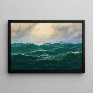 Marine landscape with steamship on the horizon - Max Jensen — framed artwork on a wall