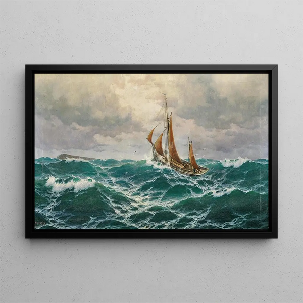 Marine landscape painting with a fisherman - Max Jensen — framed artwork on a wall