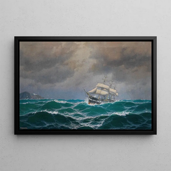 Three-mast ship at sea - Max Jensen — framed artwork on a wall