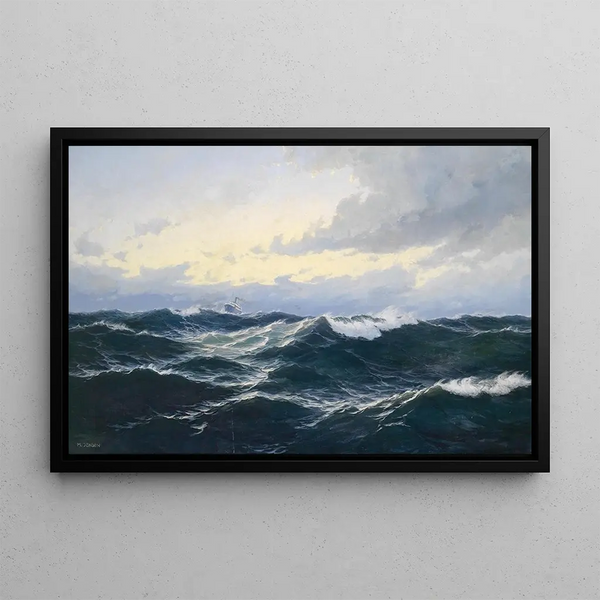 Marine landscape painting with steamship - Max Jensen — framed artwork on a wall