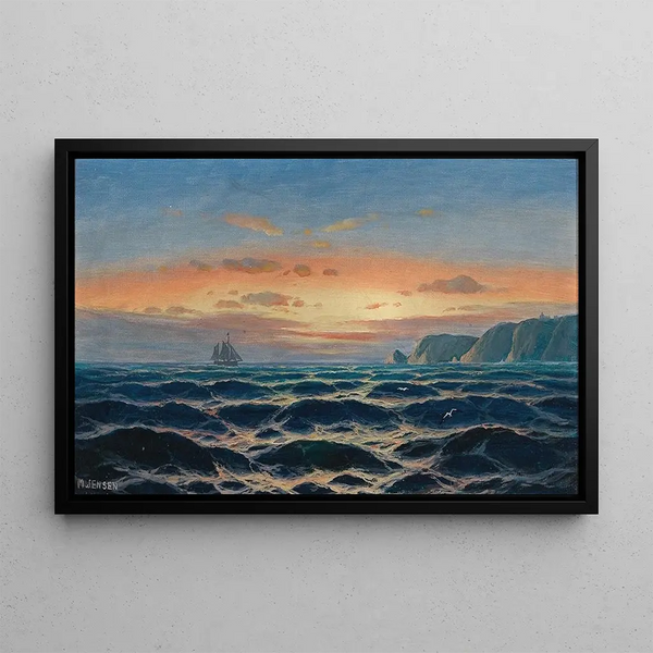 Sailboat near the coast in the evening light - Max Jensen — framed artwork on a wall