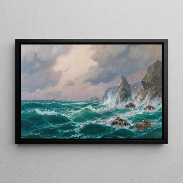 Seascape with Rough Waters in front of a Rocky Coast - Max Jensen — framed artwork on a wall
