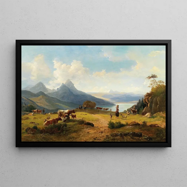 Landscape painting of idyllic mountain scenery with a herd of animals and shepherds - Max Joseph Wagenbauer — framed artwork on a wall