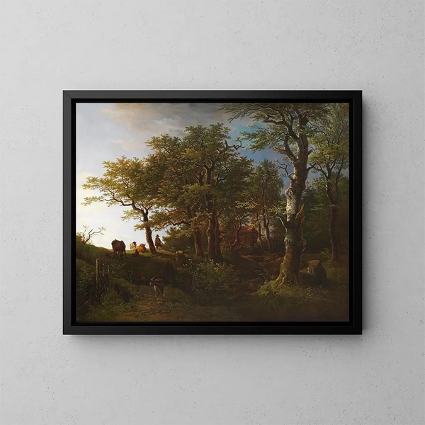 Light in a forest landscape with cattle and shepherds - Max Joseph Wagenbauer — framed artwork on a wall