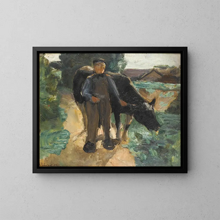 a farmer with his cow - Max Liebermann | Painting — framed artwork on a wall