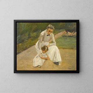 The artist's granddaughter and her nurse playing in the garden - Max Liebermann — framed artwork on a wall