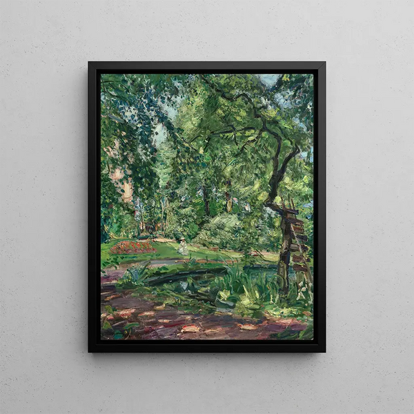 Garden in Godramstein with a tree overgrown by vegetation and a pond - Max Slevogt — framed artwork on a wall