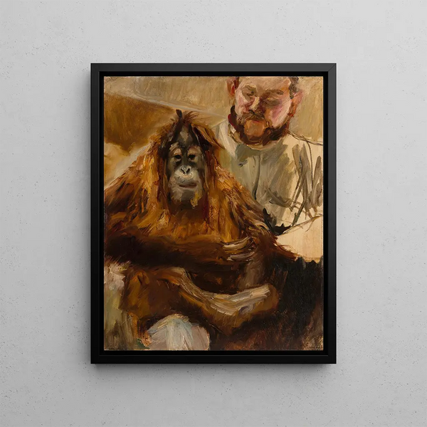 Orang-outan Seemann with his keeper - Max Slevogt — framed artwork on a wall