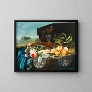 a still life of flowers and fruits - Maximilian Pfeiler — framed artwork on a wall