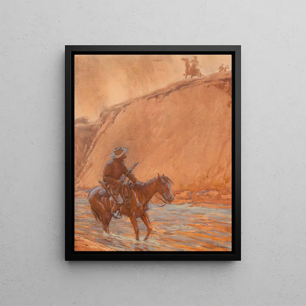 The Fugitive's Horse Dives into the Deep Water - Maynard Dixon — framed artwork on a wall