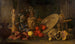 Composition with silver coins, Oriental carpet, porphyry vase, shell, bitter orange and citron - Meiffren Comte — artwork view