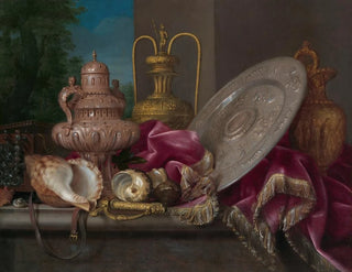 Still life with silver and gold plates, shells, and a sword - Meiffren Comte — artwork view