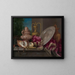 Still life with silver and gold plates, shells, and a sword - Meiffren Comte — framed artwork on a wall