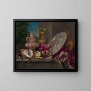 Still life with silver and gold plates, shells, and a sword - Meiffren Comte — framed artwork on a wall