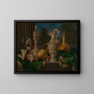 Still life with gold and silver - Meiffren Comte — framed artwork on a wall