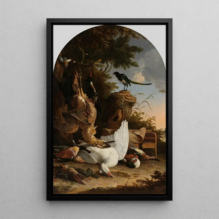 Melchior dHondecoeter - A Hunters Bag near a Tree Stump with a Magpie Known as The Contemplative Magpie.webp