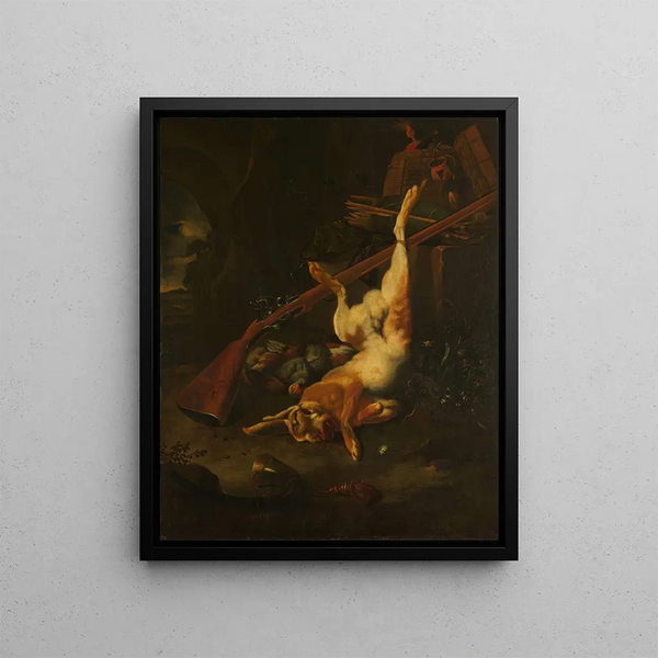 a hunter's bag with a dead hare - Melchior d'Hondecoeter — framed artwork on a wall
