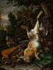 a still life of game with a hare hanging, a boar's head, and a musket in a landscape - Melchior d'Hondecoeter — artwork view
