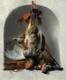 a Still life with birds and hunting equipment in a niche - Melchior d'Hondecoeter — artwork view