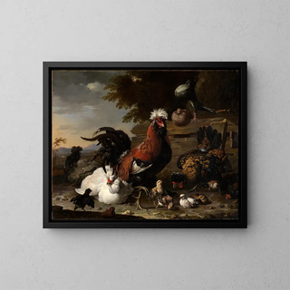 La paix dans la cour des poules - Melchior de Hondecoeter — framed artwork on a wall
