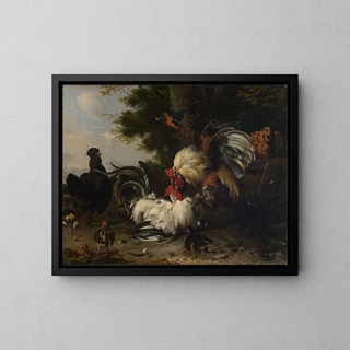 La guerre dans la cour des poules - Melchior de Hondecoeter — framed artwork on a wall