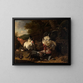 Coq combattant - Melchior de Hondecoeter — framed artwork on a wall