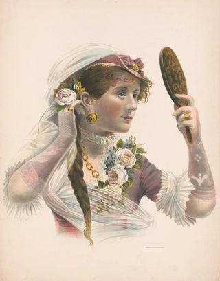 Mensing Stecher - Woman looking in mirror admiring rose in her hair.webp