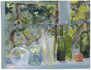 Window sill with bottles, a glass globe, and an apple - Menso Kamerlingh Onnes — artwork view