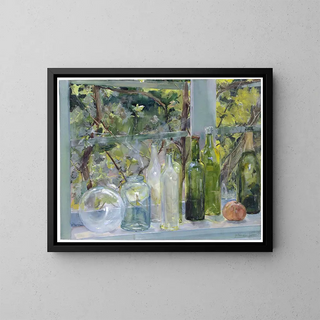 Window sill with bottles, a glass globe, and an apple - Menso Kamerlingh Onnes — framed artwork on a wall